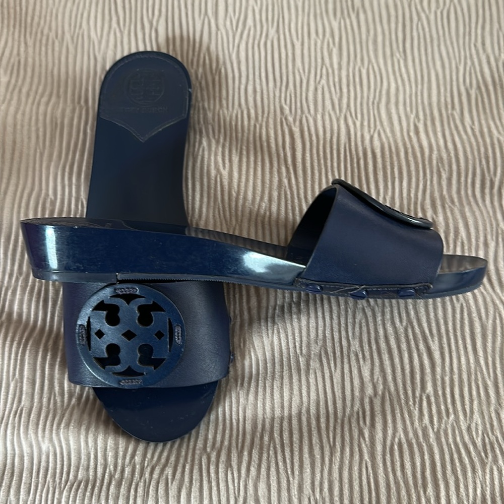 Tory Burch Navy Leather Logo Slide Sandals - Picture 5 of 10